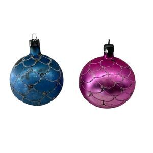 (2) Poland Glass Christmas Ornament 2" Pink Blue Fish Scale Mica Glitter Vintage